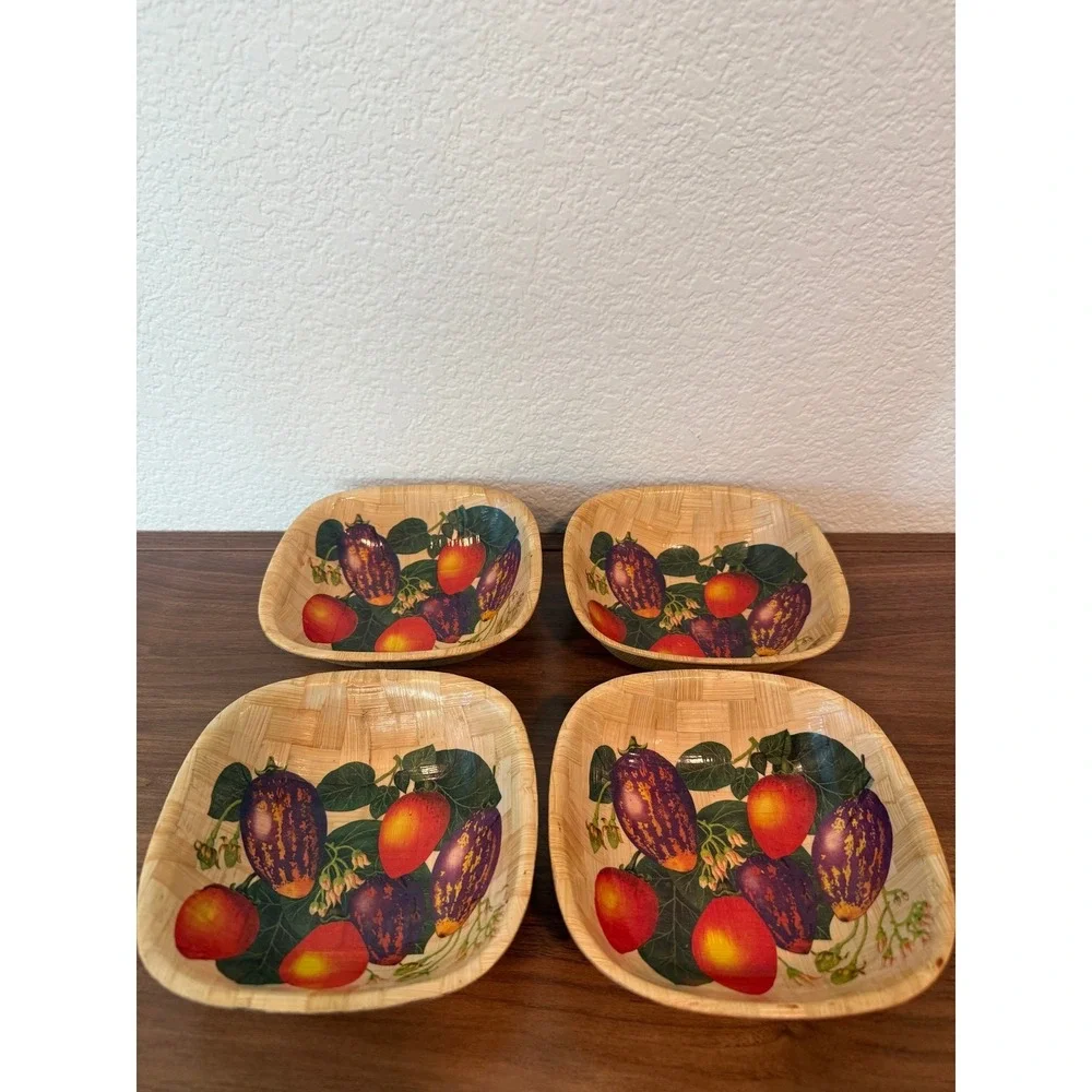 Vintage Set of 4 Bamboo Woven Handpainted Vegetable Bowls 6